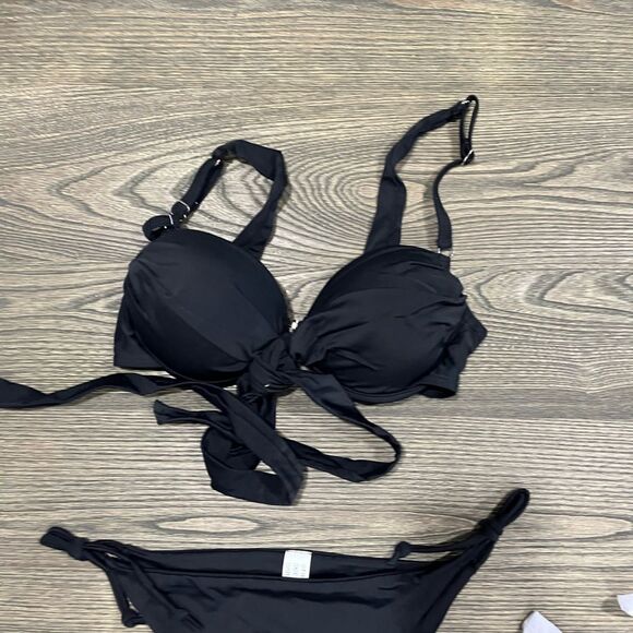 NWOT Jacques Designs Bathing Suit 2 Piece Bikini Padded Tie Bottom Black Medium - Picture 3 of 8